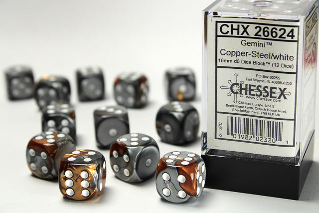 Gemini 16mm d6 Copper-Steel/White Dice | Gopher Games