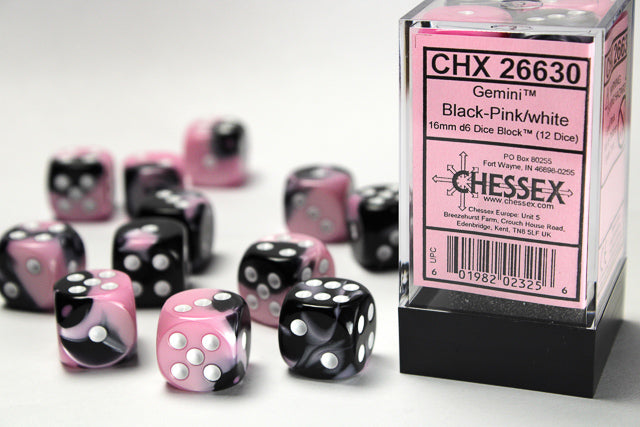 Gemini 16mm d6 Black-Pink/White Dice | Gopher Games