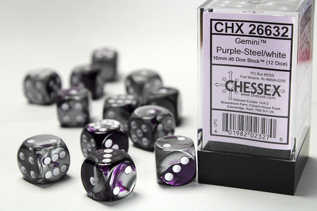 Gemini 16mm d6 Purple-Steel/white Dice | Gopher Games