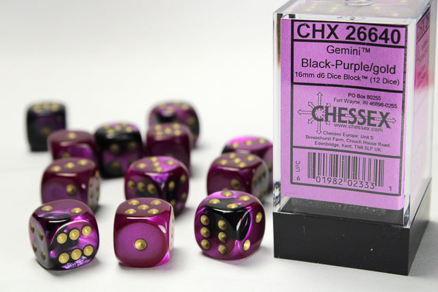 Gemini 16mm d6 Black-Purple/gold Dice | Gopher Games