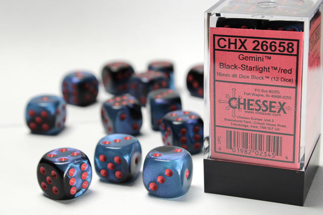 Gemini® 16mm d6 Black-Starlight/red Dice Block™ (12 dice) | Gopher Games