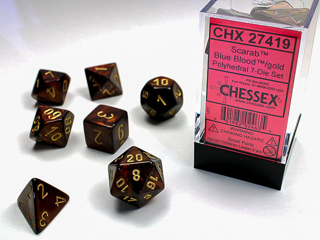 Scarab Polyhedral Blue Blood/Gold 7-Die Set | Gopher Games