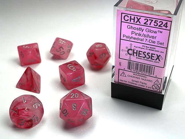 Dice Menagerie 9: Ghostly Glow Pink/Silver Polyhedral Die Set | Gopher Games