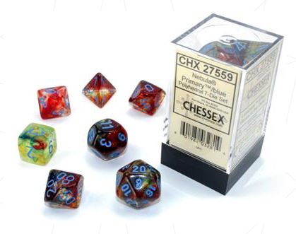 NEBULA® POLYHEDRAL PRIMARY™/BLUE LUMINARY™ 7-DIE SET | Gopher Games