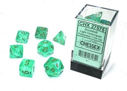 BOREALIS® POLYHEDRAL LIGHT GREEN/GOLD LUMINARY™ 7-DIE SET | Gopher Games