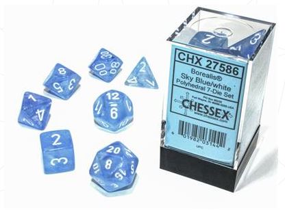 BOREALIS® POLYHEDRAL SKY BLUE/WHITE LUMINARY™ 7-DIE SET | Gopher Games