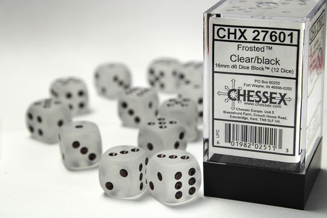 Frosted™ 16mm d6 Clear/black Dice Block™ (12 dice) | Gopher Games