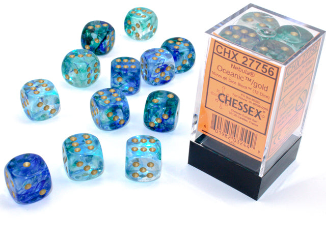 Nebula® 16mm d6 Oceanic™/gold Luminary™ Dice Block™ (12 dice) | Gopher Games
