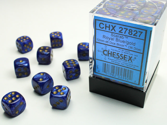 Scarab® 12mm d6 Royal Blue/gold Dice Block™ (36 dice) | Gopher Games