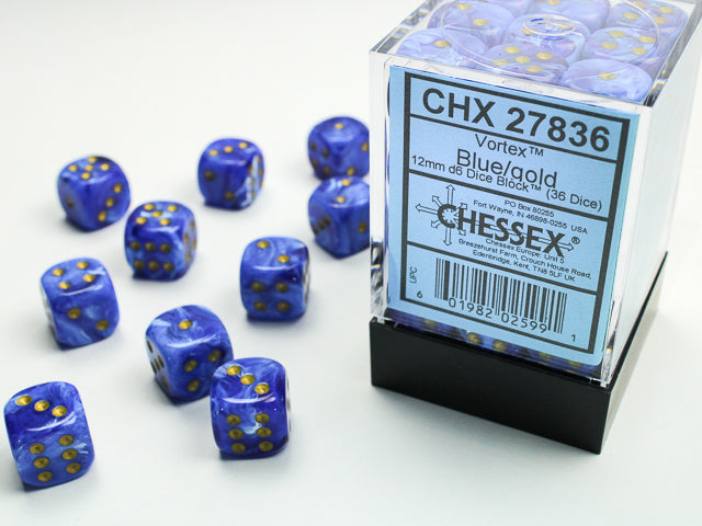 Vortex® 12mm d6 Blue/gold Dice Block™ (36 dice) | Gopher Games