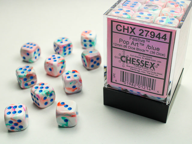 Dice Menagerie 10: 12mm D6 Festive Pop Art/Blue (36) | Gopher Games