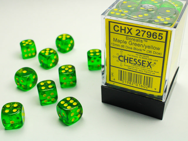 Dice Menagerie 10: 12mm D6 Borealis Maple Green/Yellow (36) | Gopher Games