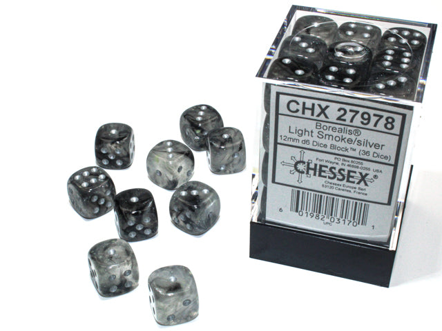 Borealis® 12mm d6 Light Smoke/silver Luminary™ Dice Block™ (36 dice) | Gopher Games