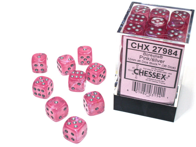 Borealis® 12mm d6 Pink/silver Luminary™ Dice Block™ (36 dice) | Gopher Games