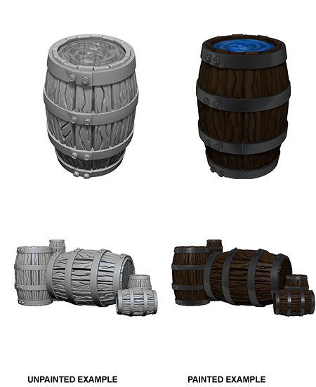 WizKids Deep Cuts Unpainted Miniatures: Barrels & Pile of Barrels | Gopher Games