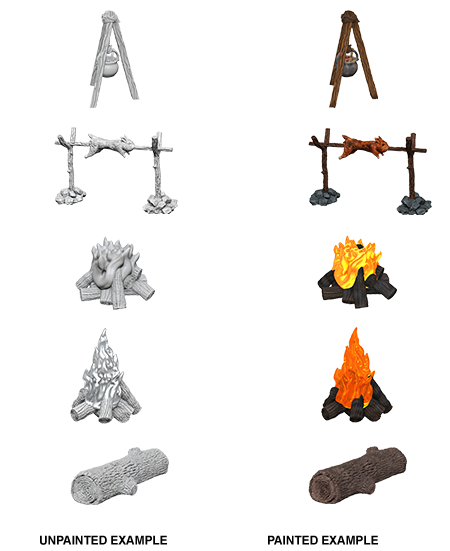 WizKids Deep Cuts Unpainted Miniatures: Camp Fire & Sitting Log | Gopher Games