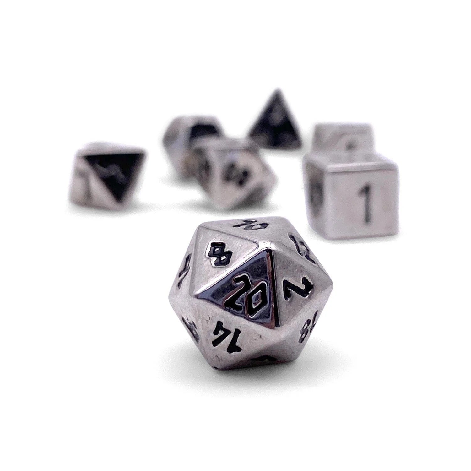 CHAINMAIL SILVER PEBBLE™ DICE - 10MM ALLOY MINI POLYHEDRAL DICE SET | Gopher Games