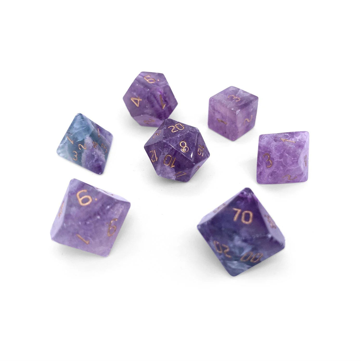 PURPLE FLUORITE - 7 PIECE RPG SET GEMSTONE DICE | Gopher Games