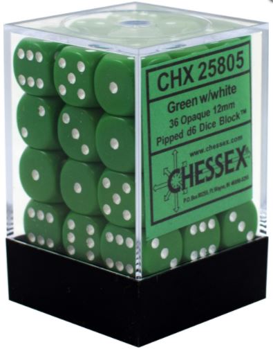 Opaque: 12mm D6 Green/White (36) | Gopher Games