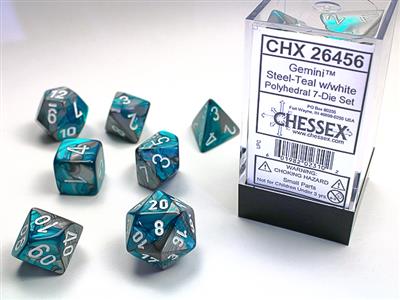 Gemini: Steel-Teal/White Polyhedral Set | Gopher Games