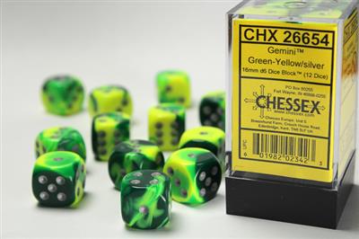 GEMINI® 16MM D6 GREEN-YELLOW/SILVER DICE BLOCK™ (12 DICE) | Gopher Games