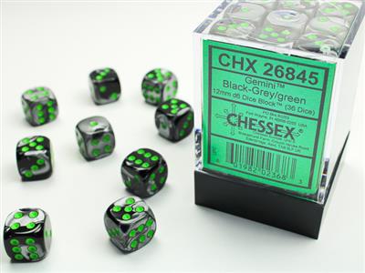 GEMINI® 12MM D6 BLACK-GREY/GREEN DICE BLOCK™ (36 DICE) | Gopher Games