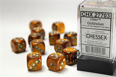 GLITTER 16MM D6 GOLD/SILVER DICE BLOCK™ (12 DICE) | Gopher Games