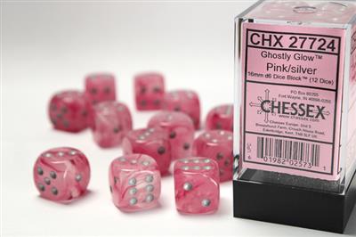 GHOSTLY GLOW 16MM D6 PINK/SILVER DICE BLOCK (12 DICE) | Gopher Games