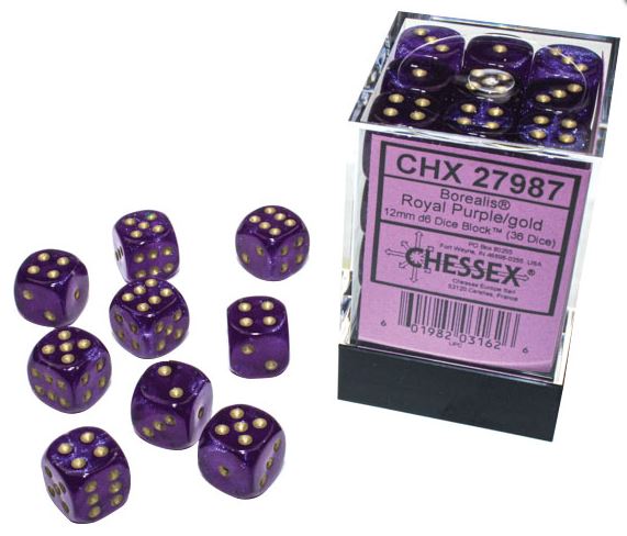 Borealis: 12mm d6 Royal Purple/gold Luminary Dice Block (36 dice) | Gopher Games