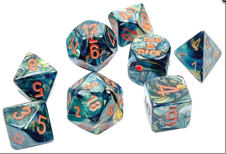 Lab Dice 5 Lustrous: Poly Alpestris/orange (7) | Gopher Games