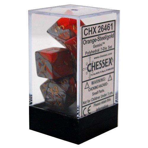 Gemini: Orange-Steel/Gold Polyhedral Set | Gopher Games